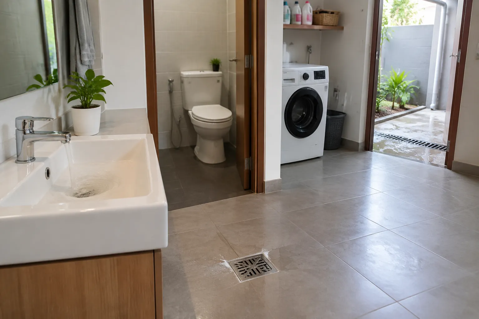 Floor drain kamar mandi dan saluran luar terlihat pada dua area berbeda