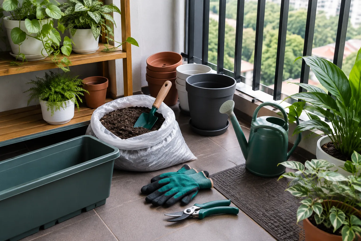Tanaman pot, tanah, dan alat berkebun di lantai balkon