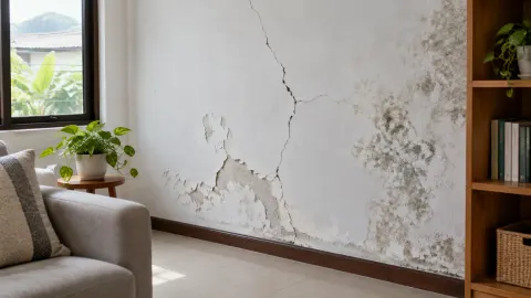 Dinding dalam rumah dengan retak dan cat mengelupas