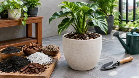 Pot tanaman dengan beberapa komponen media tanam