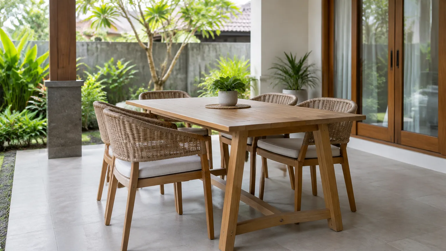 Meja makan dan kursi kayu pada teras rumah