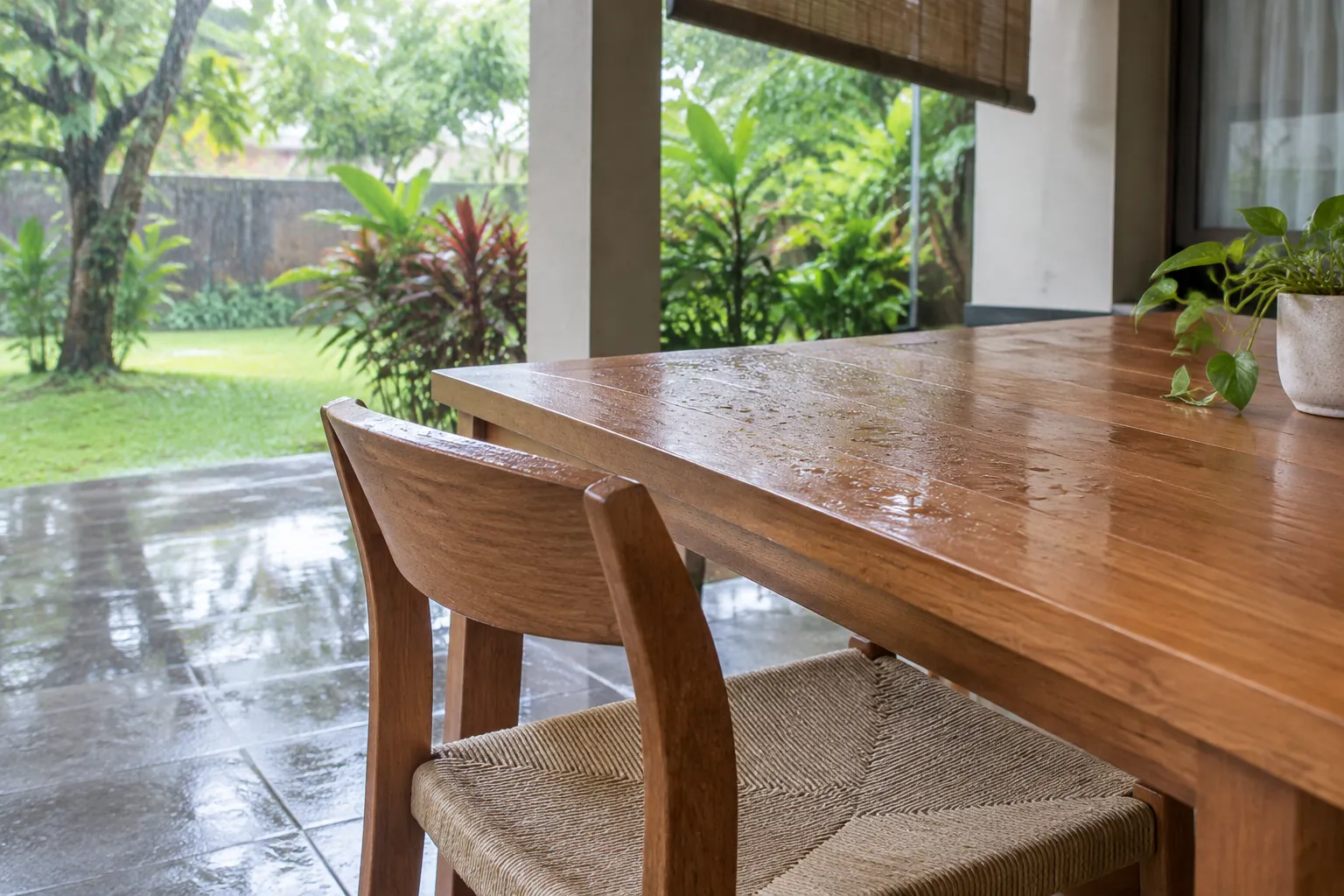 Meja makan kayu dekat bukaan menuju halaman basah