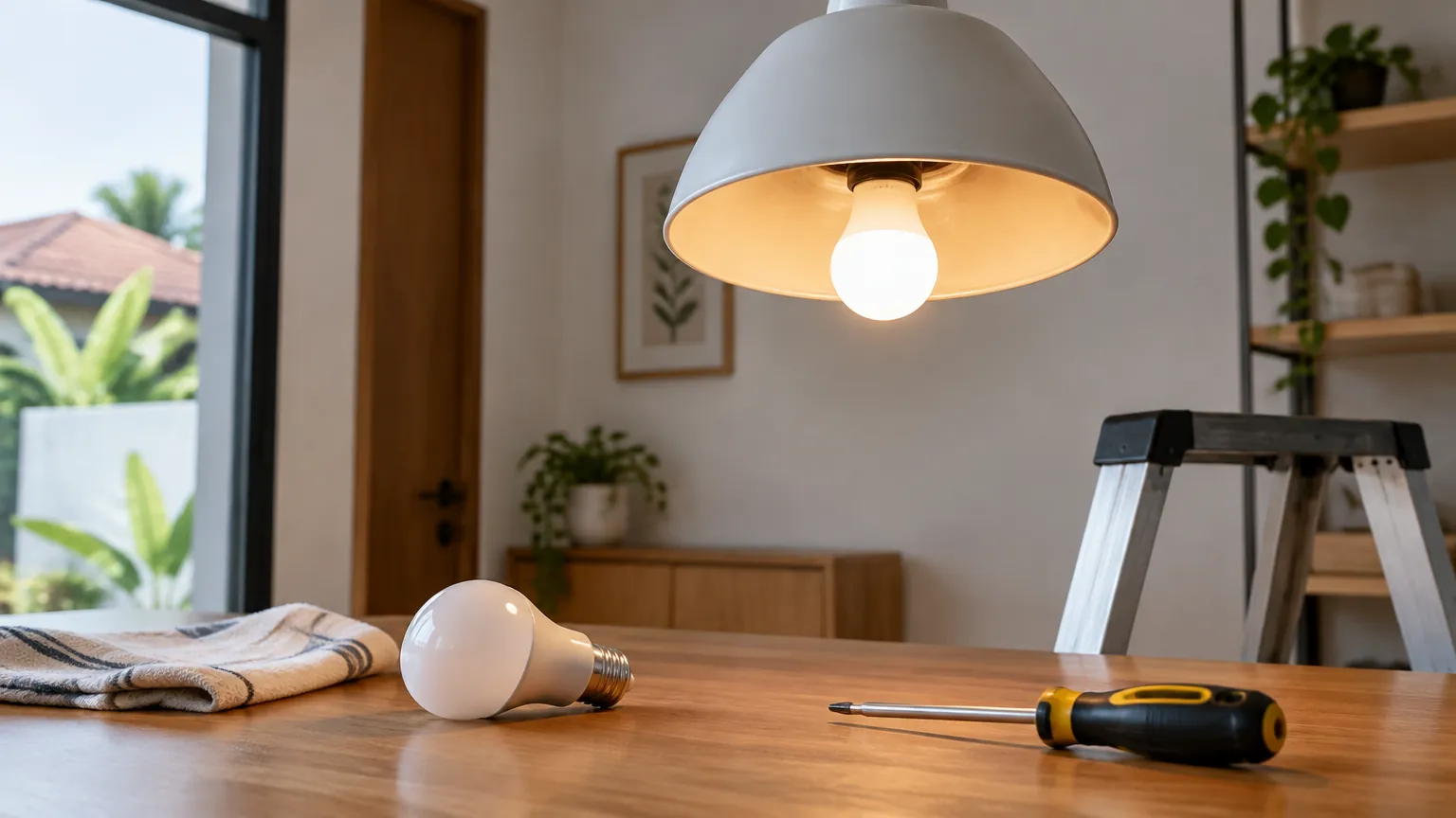 Lampu gantung dengan bohlam terbuka di atas meja