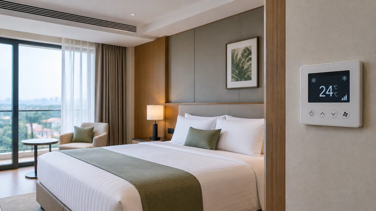 Kamar hotel dengan pengatur suhu terpasang pada dinding