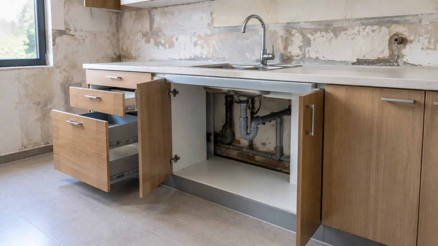 Kitchen set lama dengan kabinet dan pipa terbuka