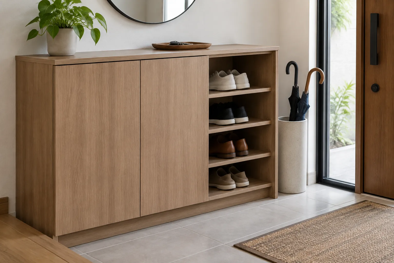Rak sepatu terbuka di dalam kabinet foyer