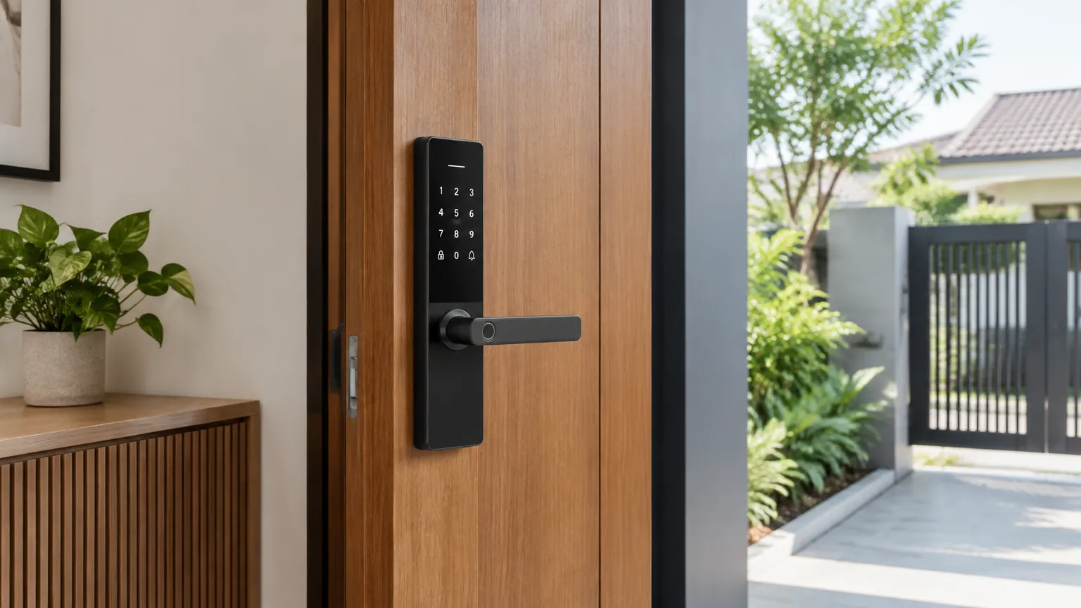 Pintu masuk kayu dengan kunci digital