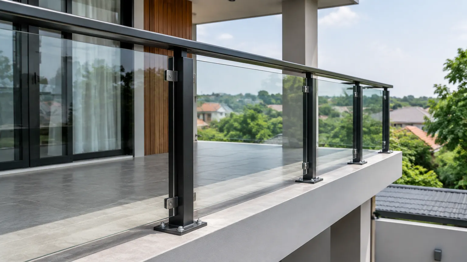 Railing kaca dan logam terpasang pada tepi balkon