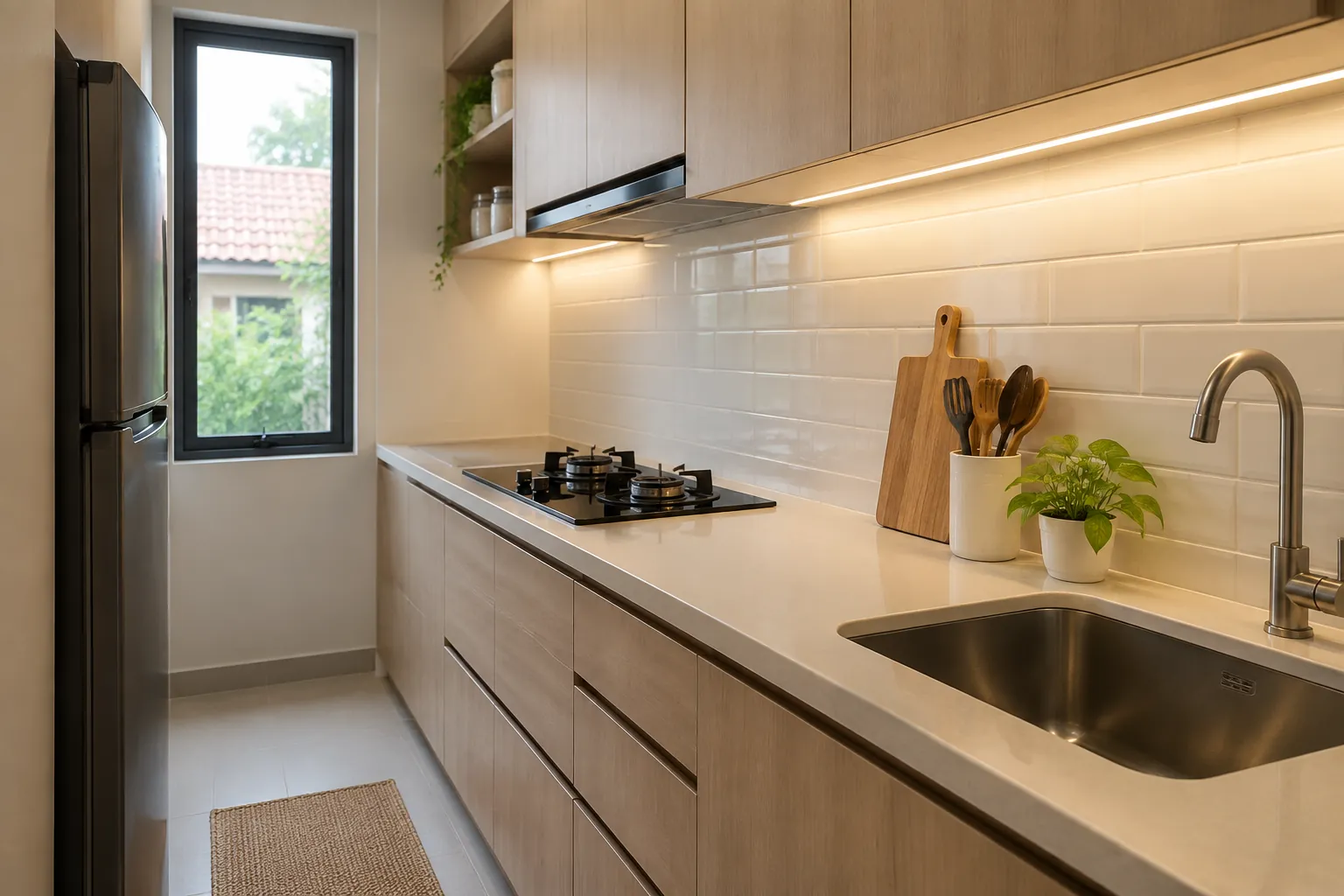 Lampu bawah kabinet menerangi meja dapur sempit
