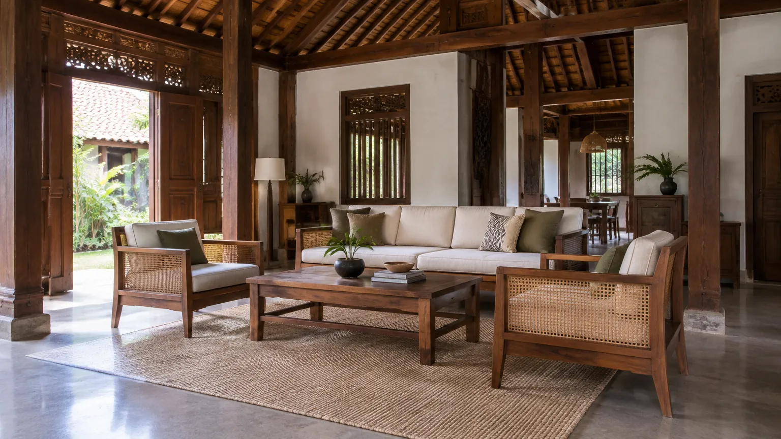 Ruang tamu rumah kayu tradisional dengan sofa dan kursi mengelilingi meja