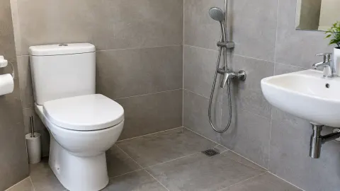 Kamar mandi dengan wastafel, toilet, dan pancuran