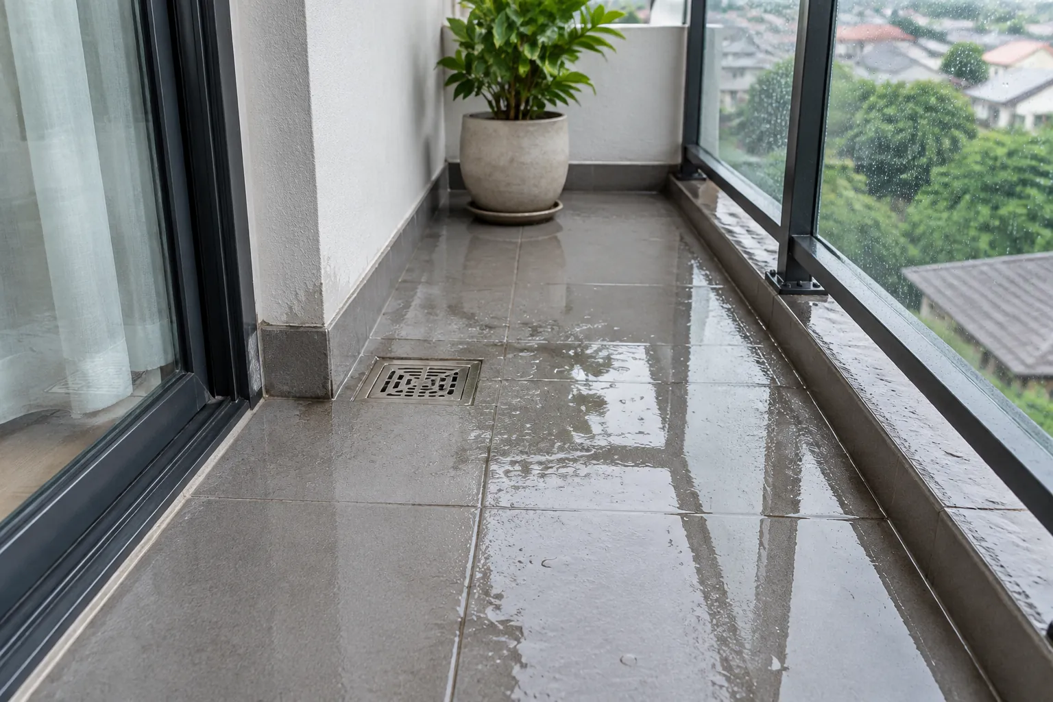 Air menggenang pada lantai balkon dekat saluran