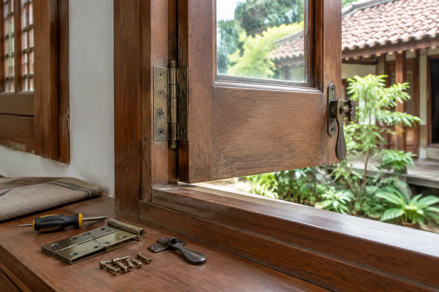 Engsel dan daun jendela kayu yang sedang diperiksa