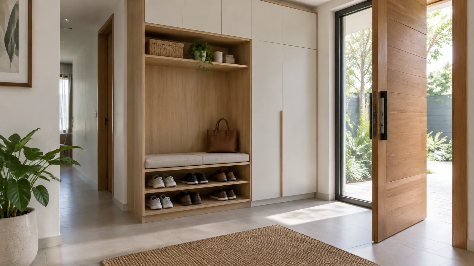 Kabinet dan rak sepatu foyer di dekat pintu masuk