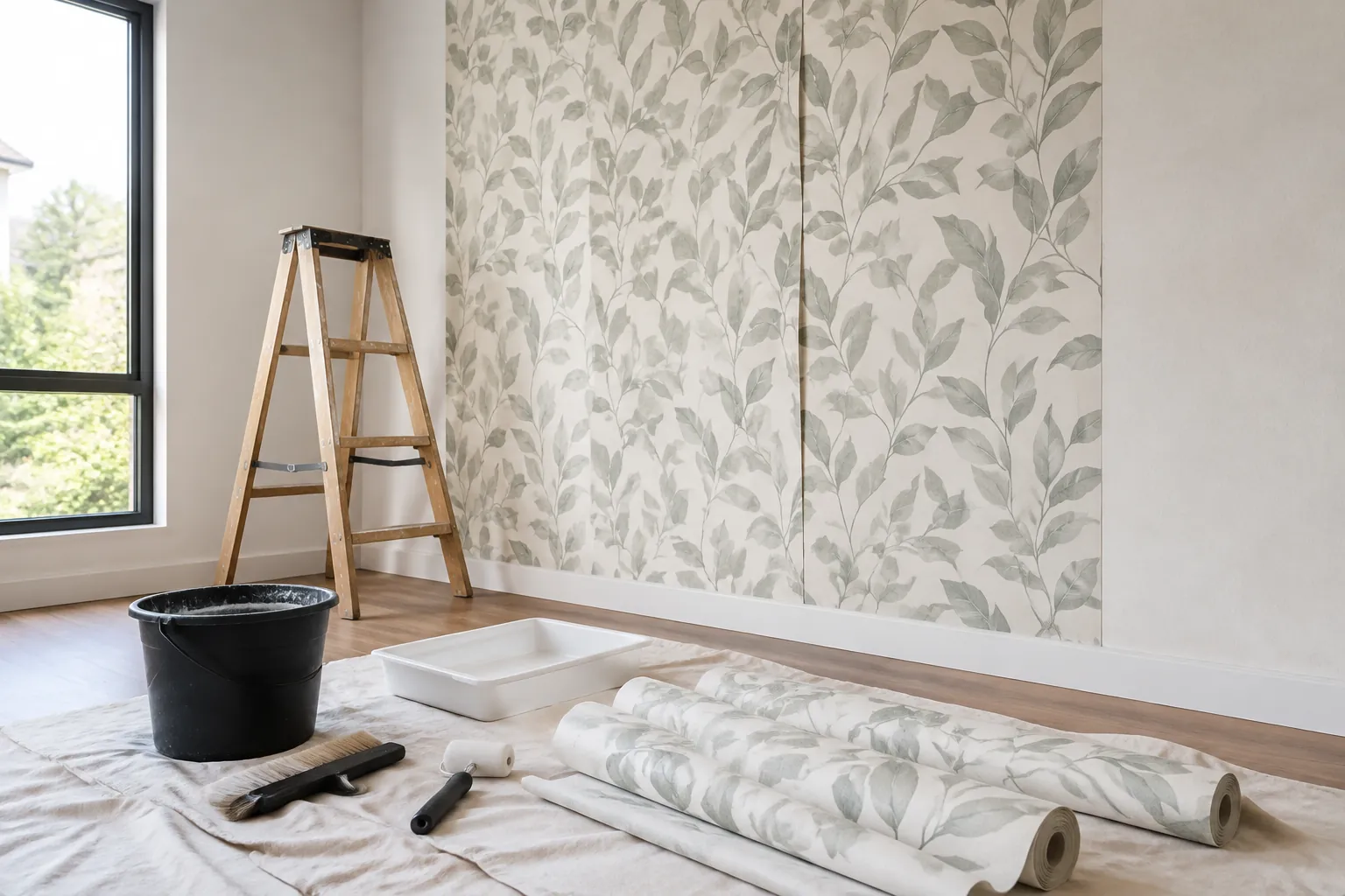 Gulungan wallpaper bermotif dan peralatan pemasangan disiapkan di depan dinding