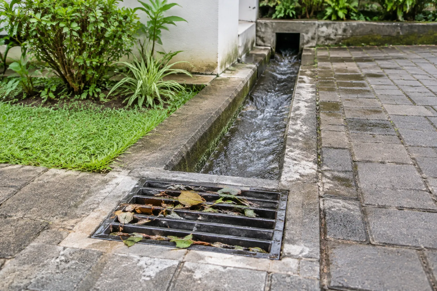 Sampah daun tersangkut pada kisi saluran drainase