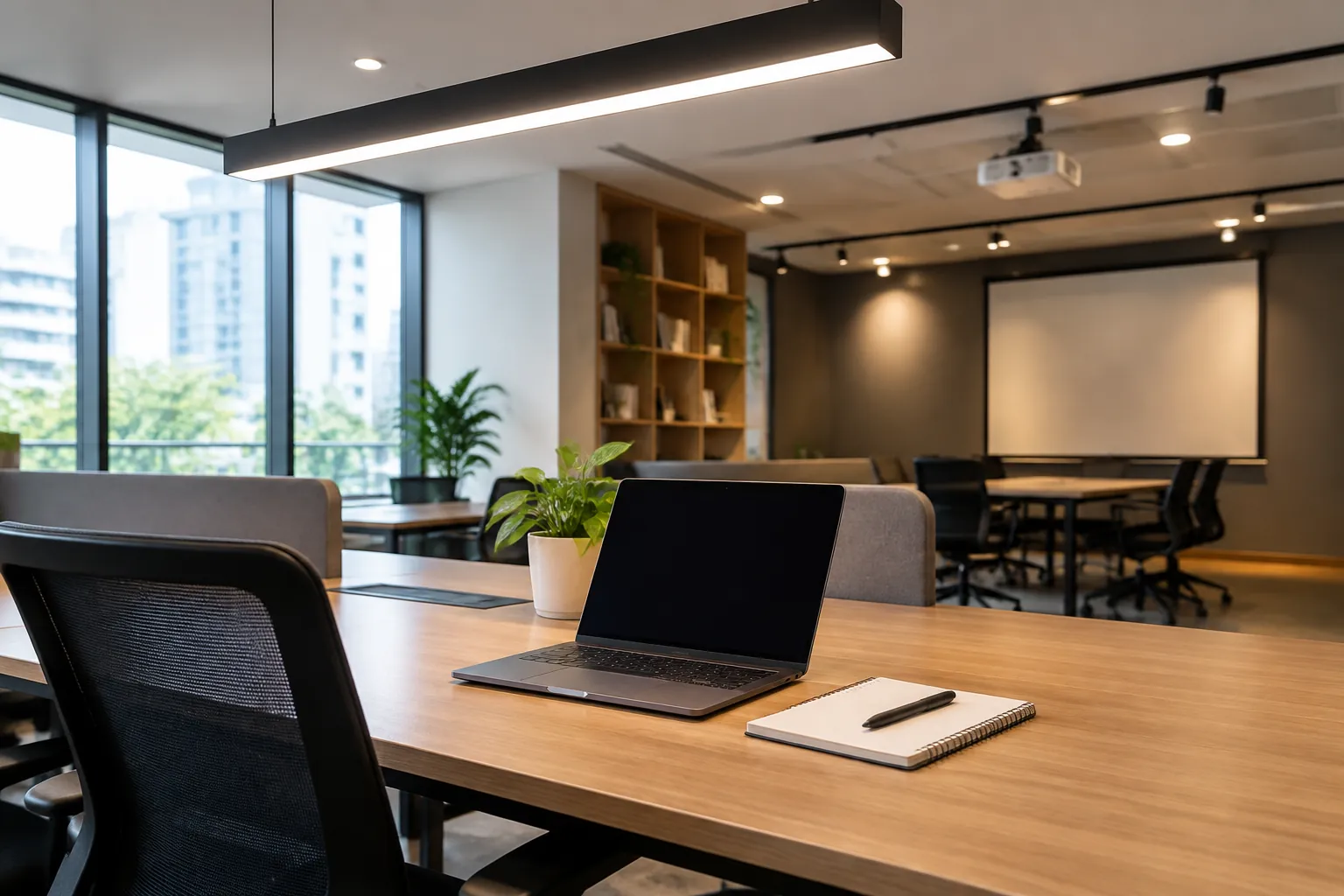 Area kantor dengan lampu umum dan meja kerja