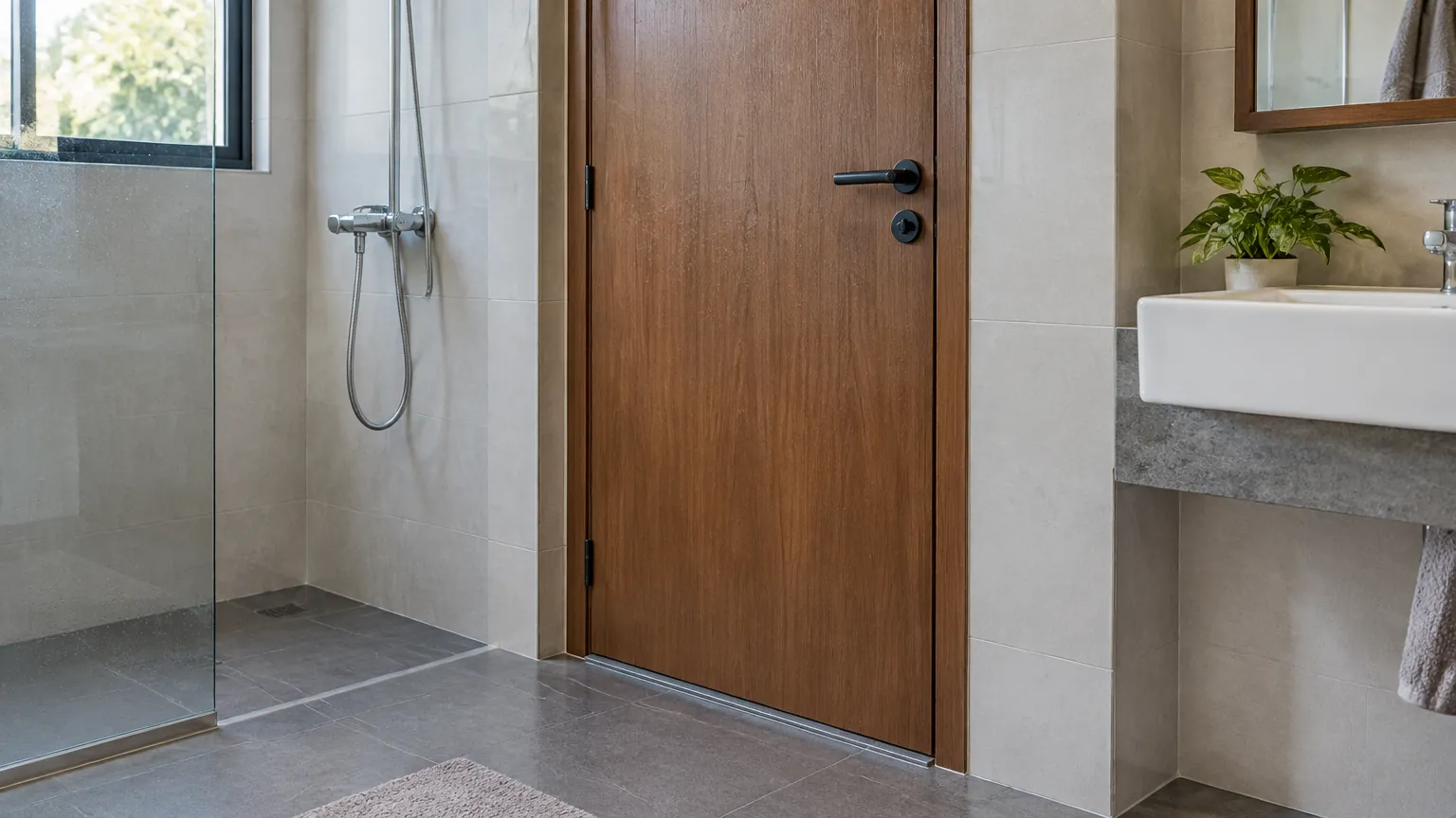 Pintu kayu di dekat area pancuran kamar mandi