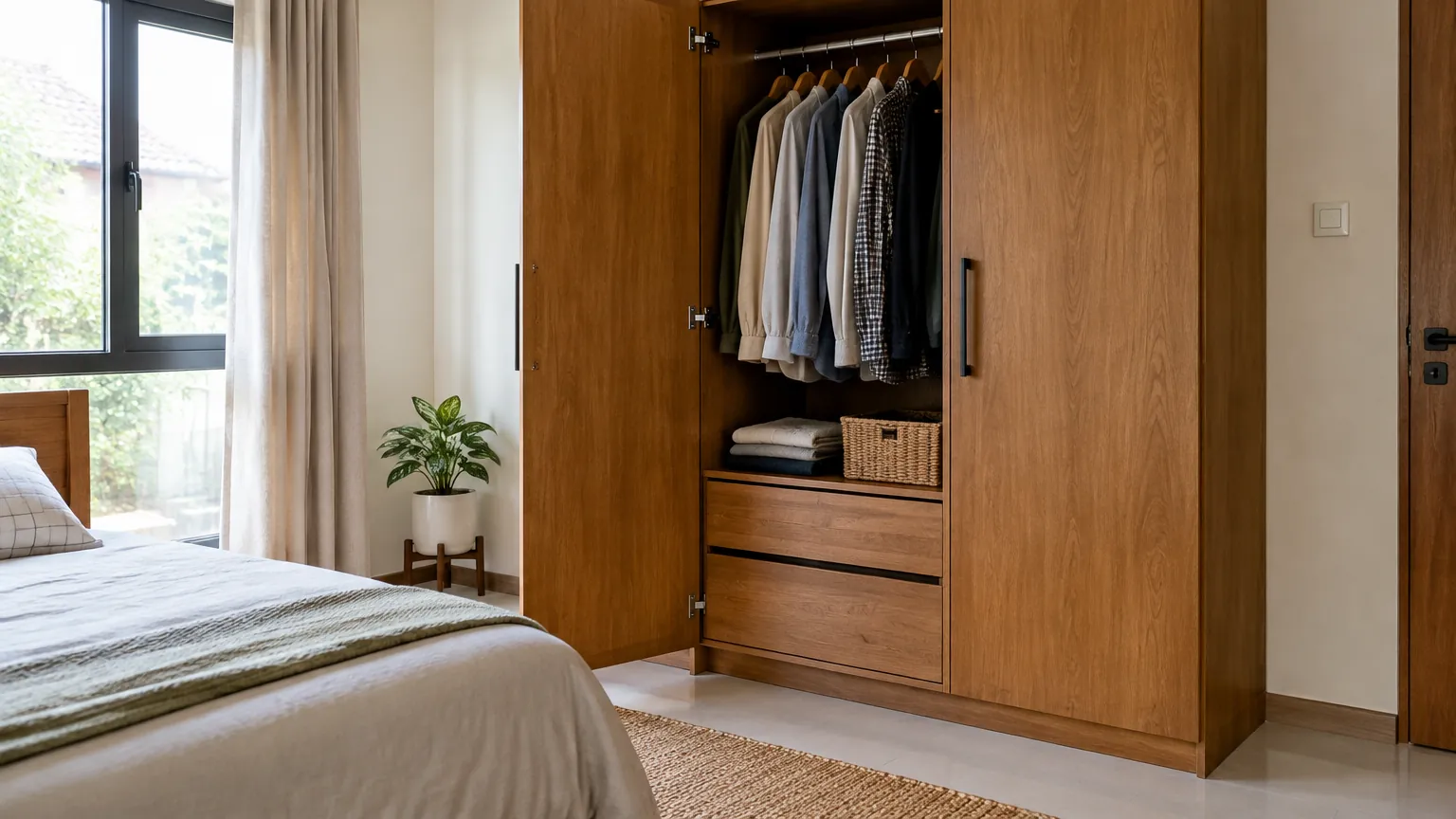 Lemari pakaian kayu dengan laci di kamar tidur