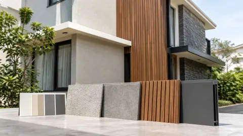 Contoh beberapa finishing fasad disusun di depan rumah