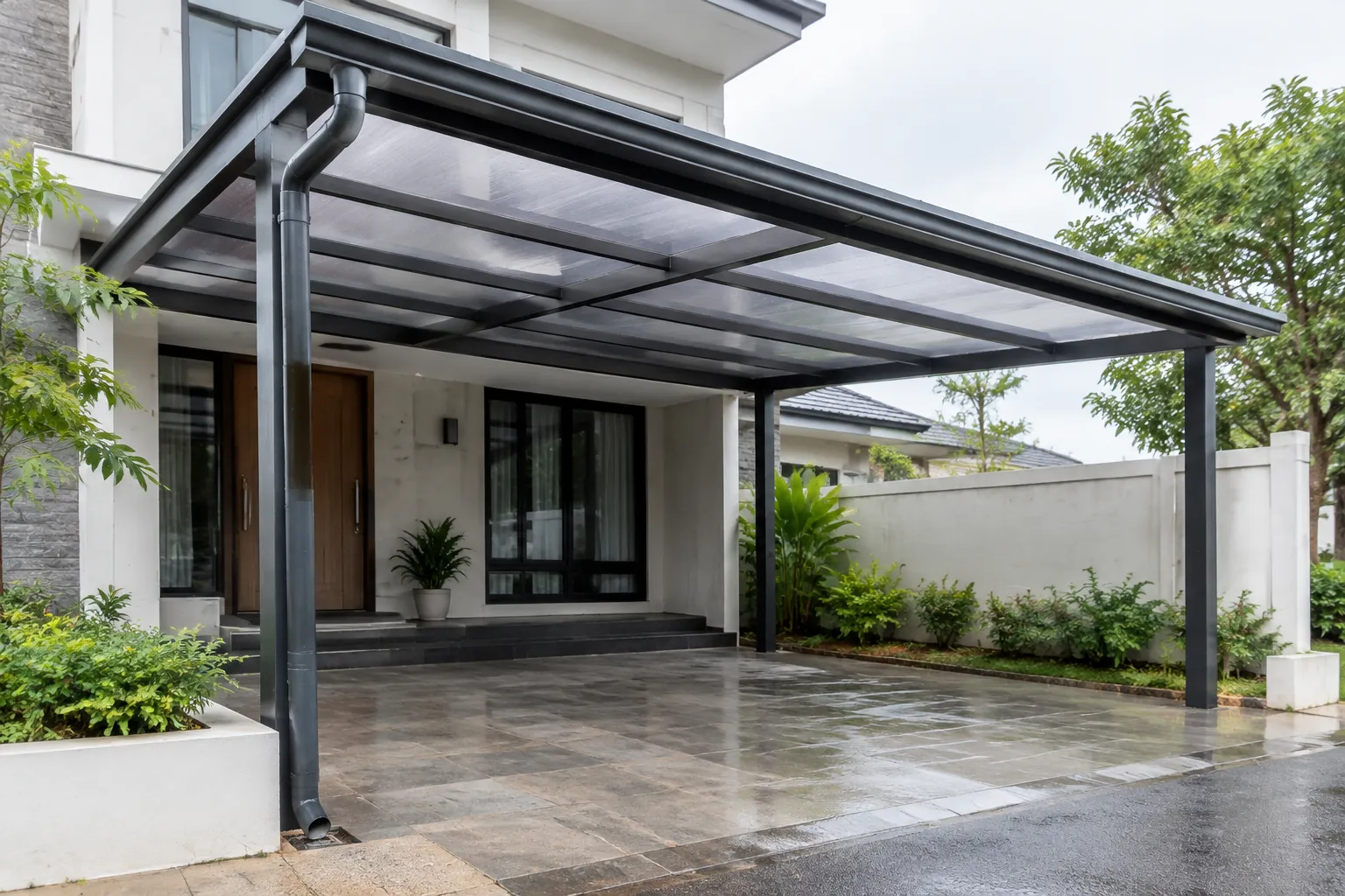 Talang tepi atap carport terhubung ke pipa turun