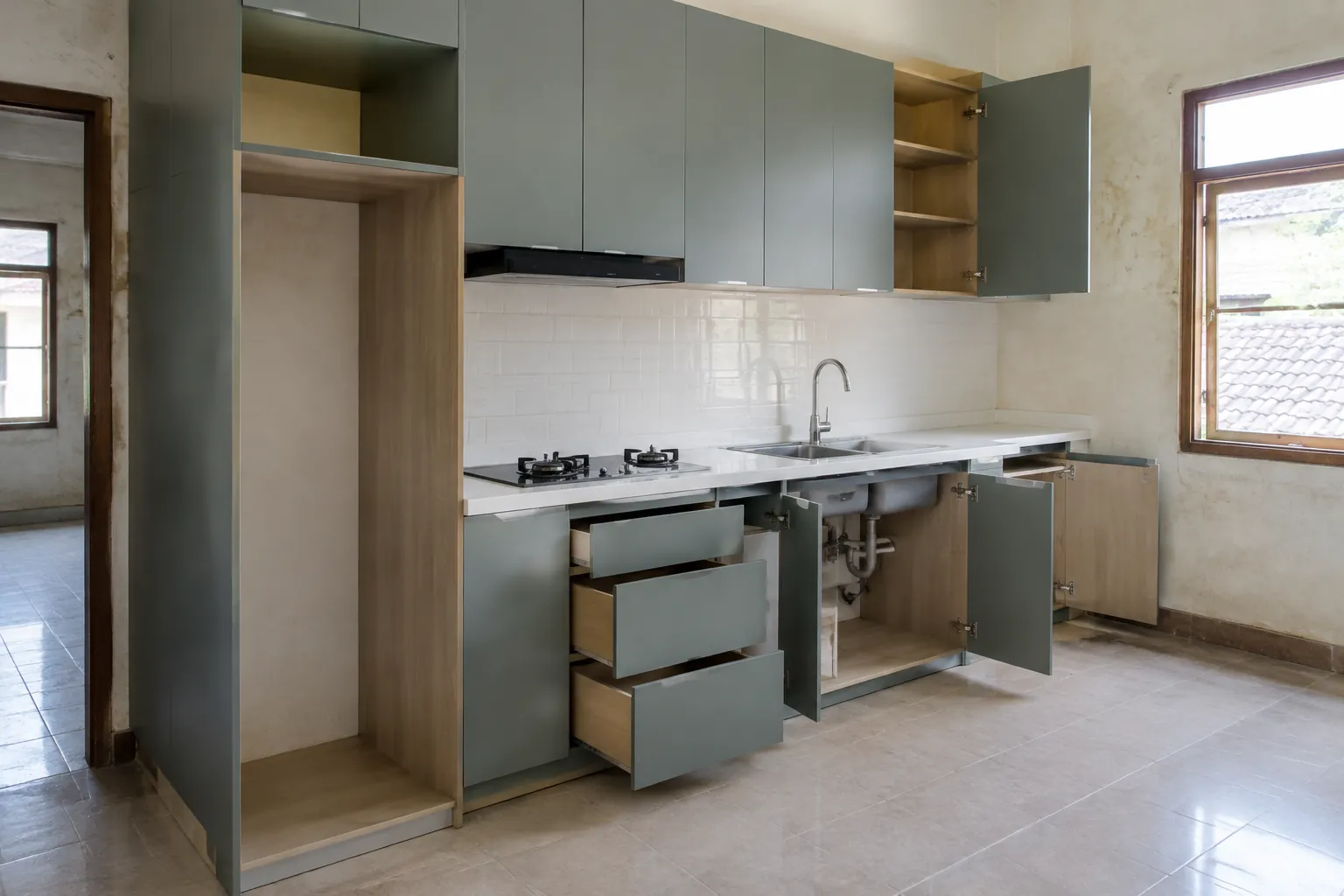 Kabinet dapur baru dipasang di ruang dengan dinding dan bukaan lama