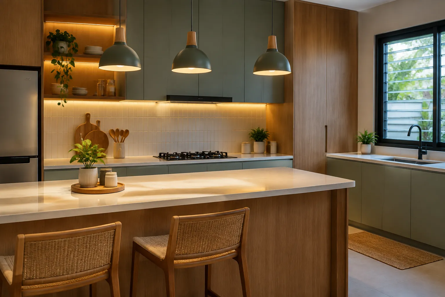 Dapur dengan tiga lampu gantung di atas meja pulau