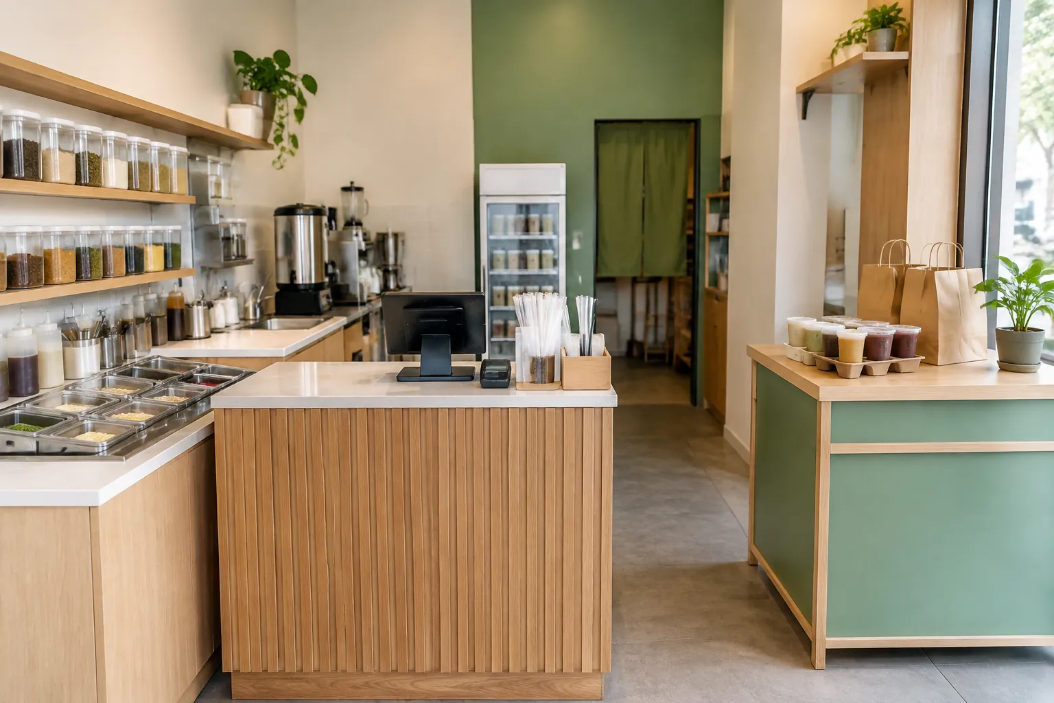 Area bar kafe dengan konter pembayaran dan mesin minuman