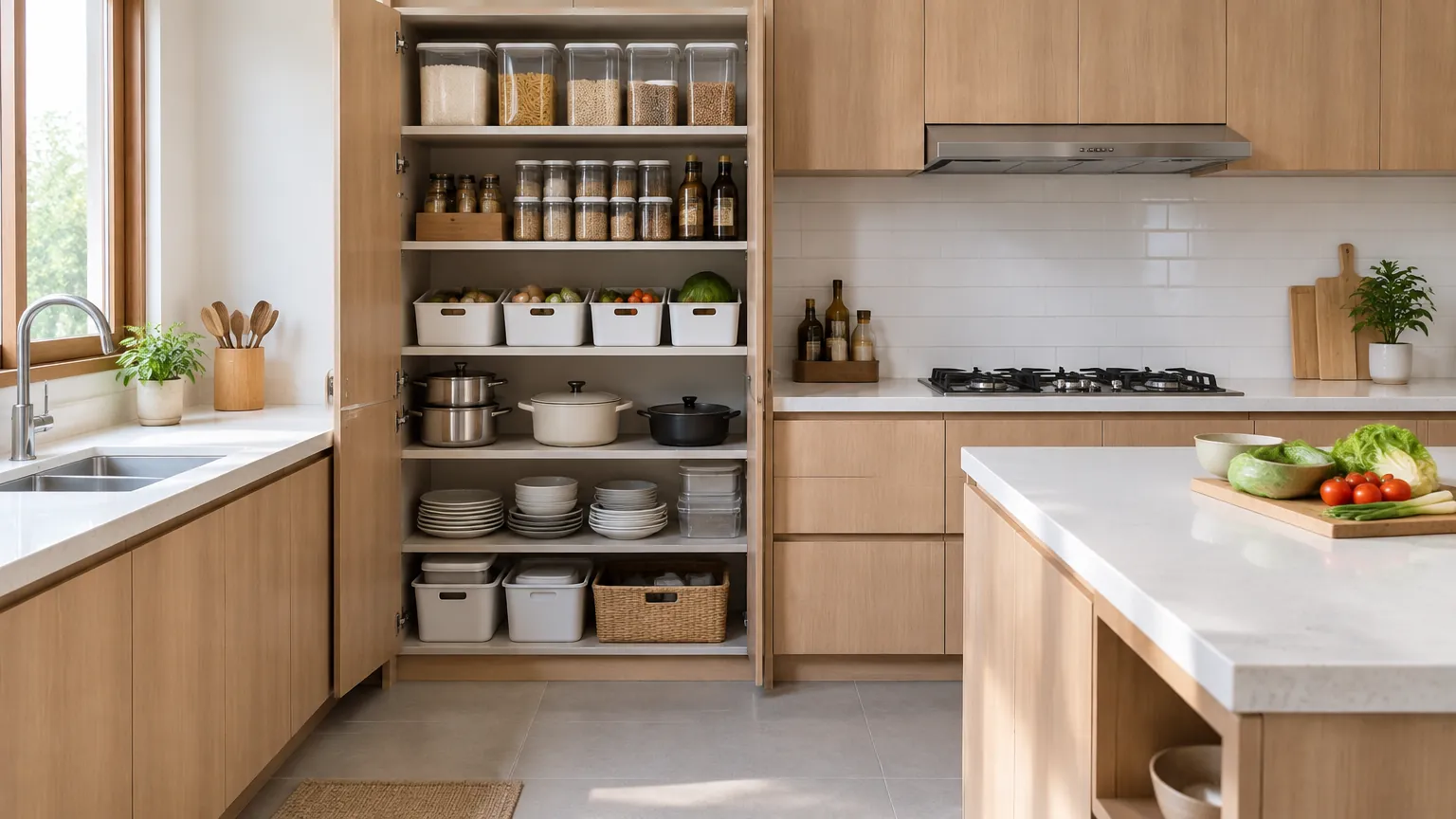 Dapur dengan rak penyimpanan terbuka dan meja kerja