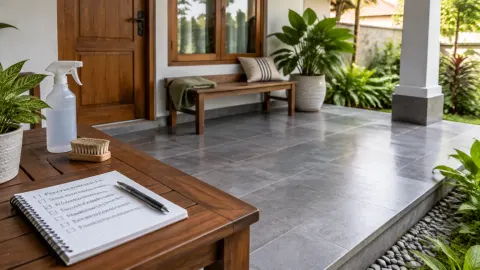 Teras rumah dengan lantai gelap dan meja pemeriksaan