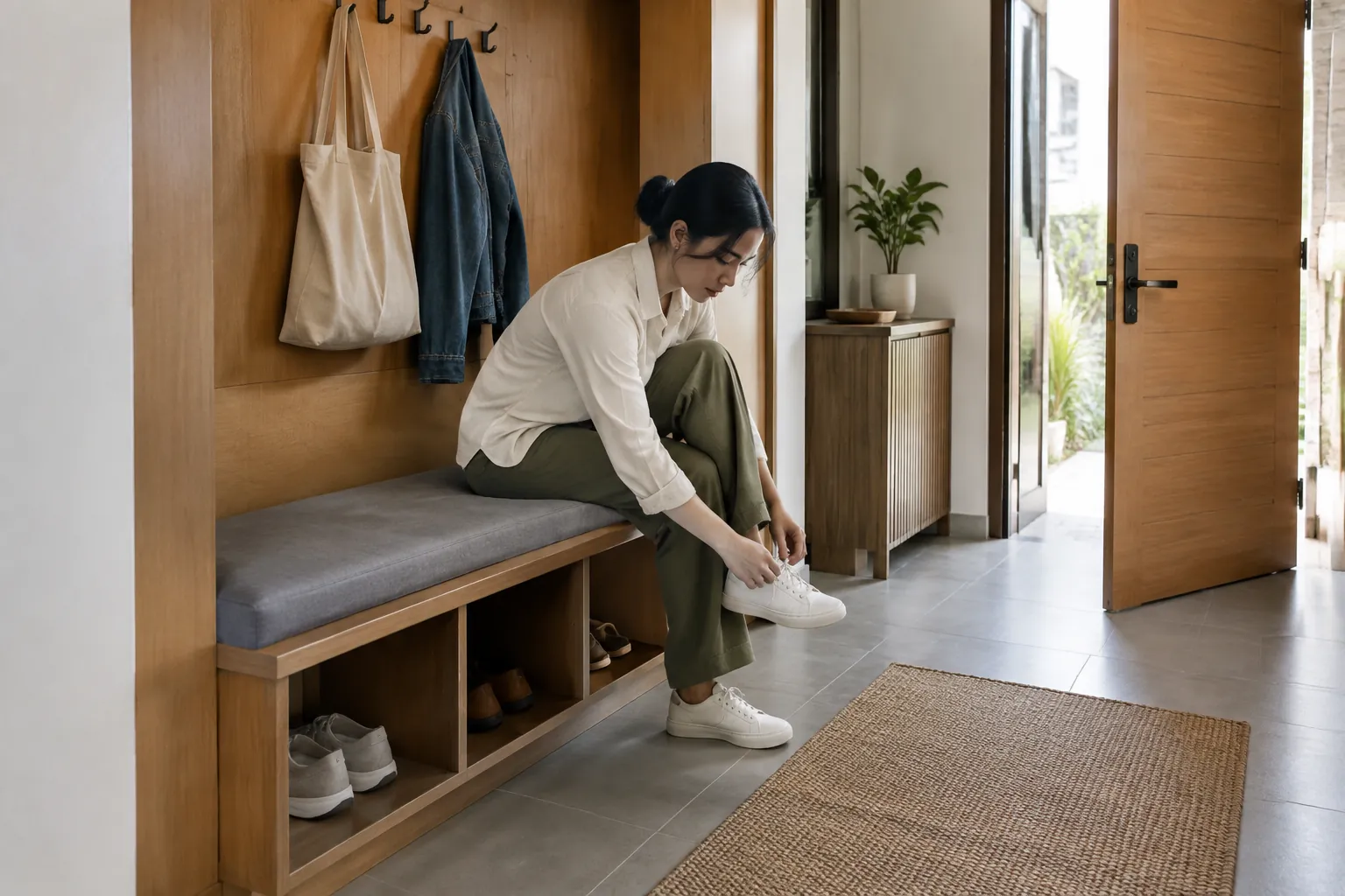 Bangku dan rak sepatu di dekat pintu masuk rumah