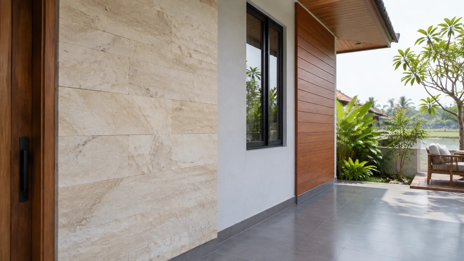 Dinding luar rumah dengan beberapa bidang pelapis berbeda