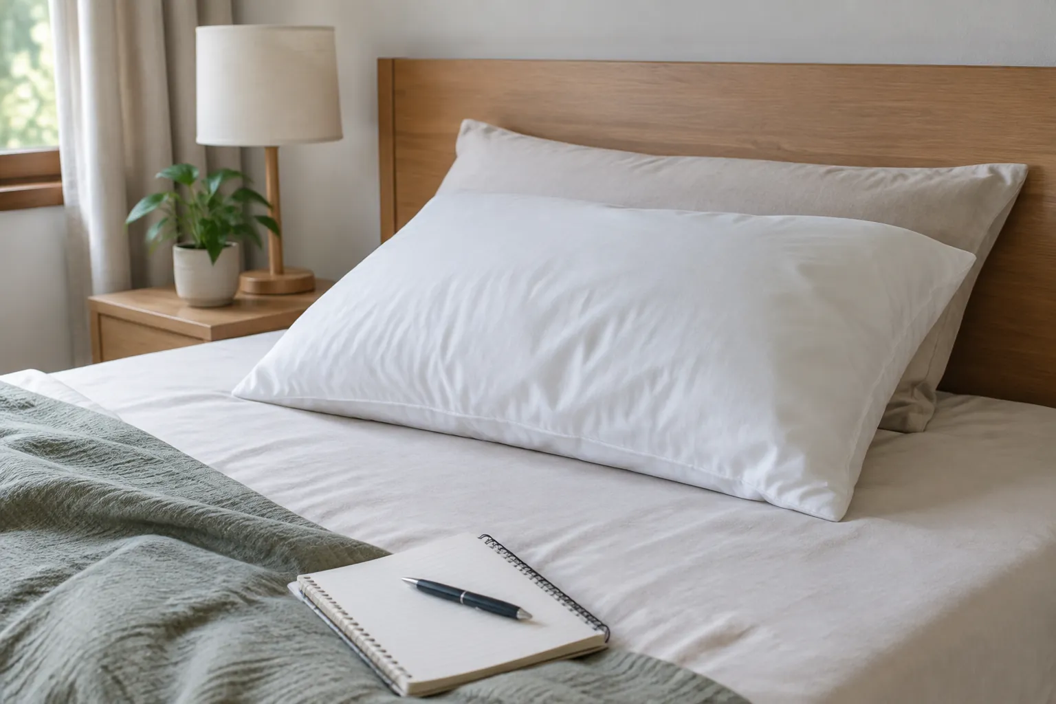 Bantal dan buku catatan di tempat tidur dekat jendela