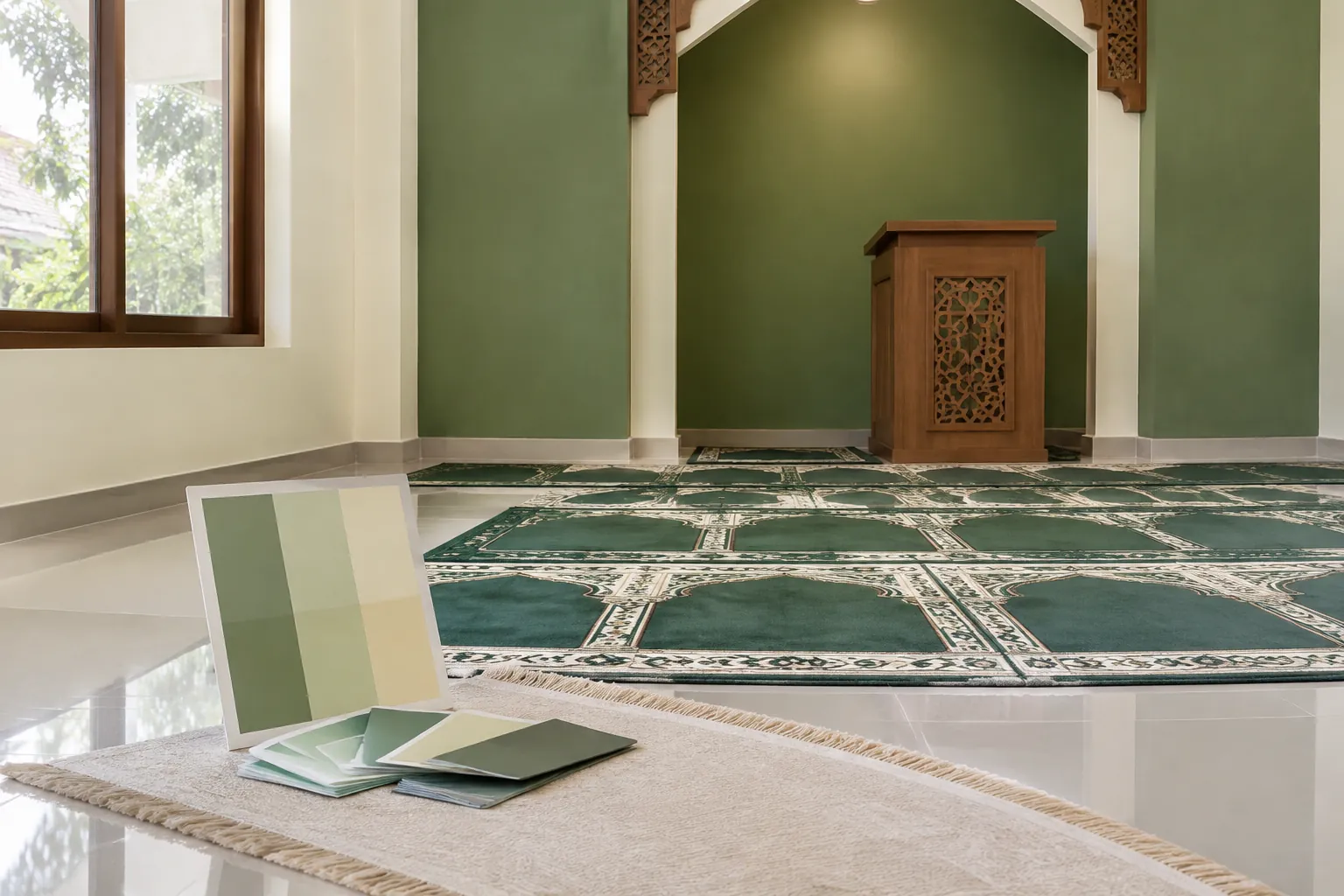 Sampel warna di depan karpet hijau mushola