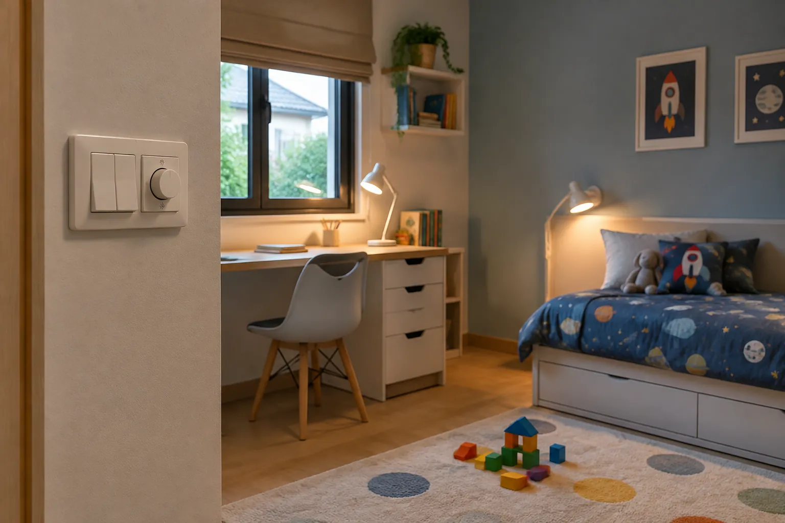 Kamar anak dengan lampu tidur dan lampu meja belajar