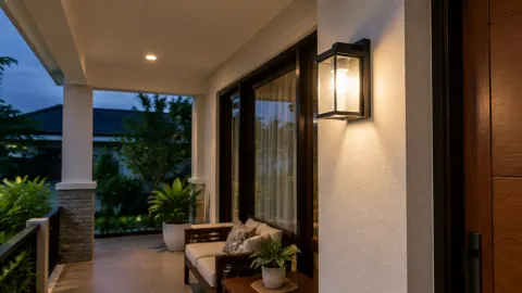 Lampu dinding menyala di teras saat malam