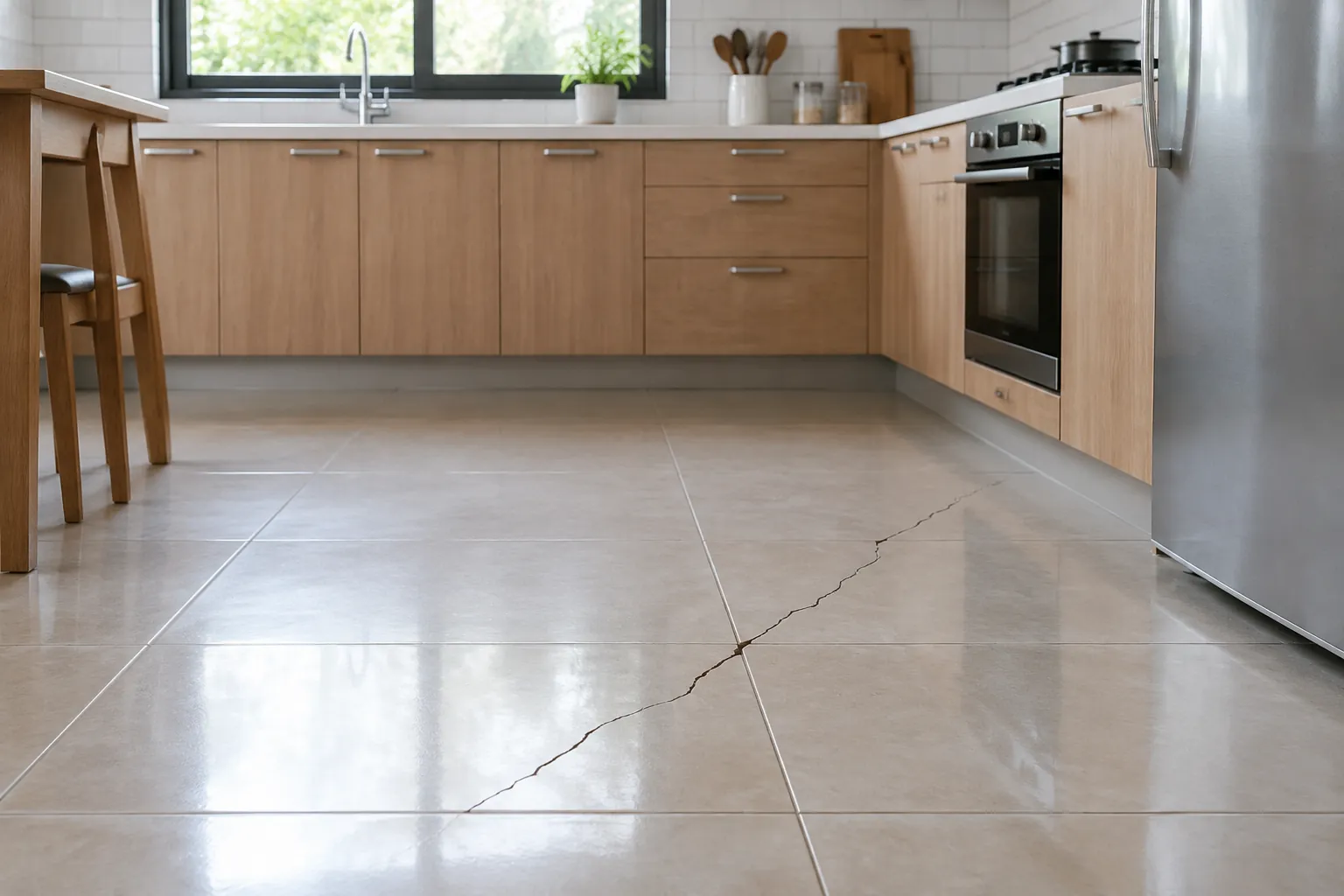 Lantai dapur retak di depan kabinet kayu