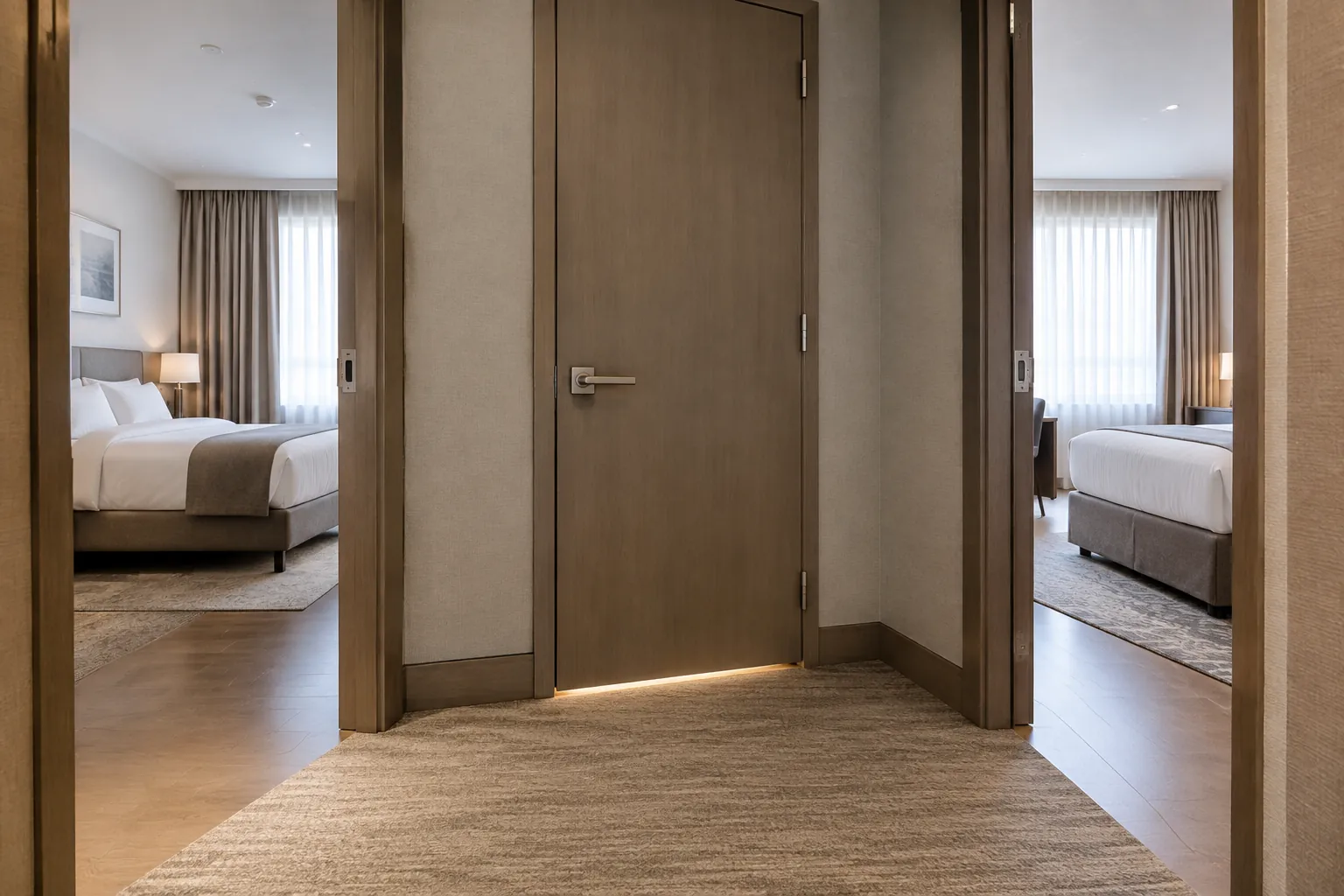Dua pintu kamar menghadap area pertemuan koridor