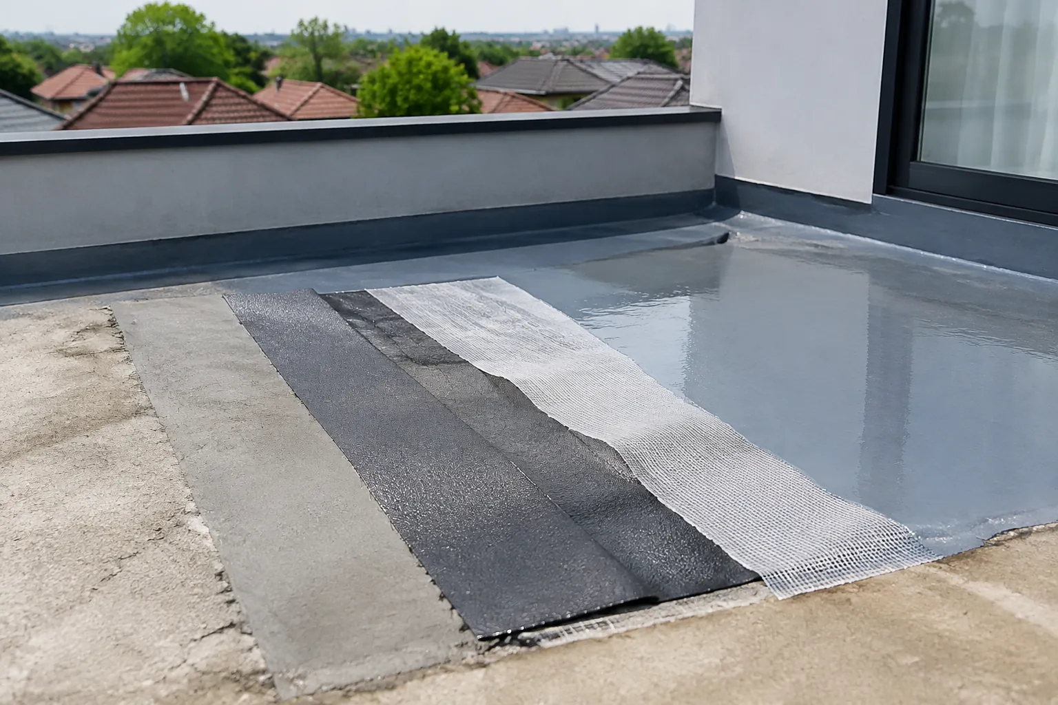 Potongan membran ditempatkan di atas area waterproofing teras yang akan diperbaiki