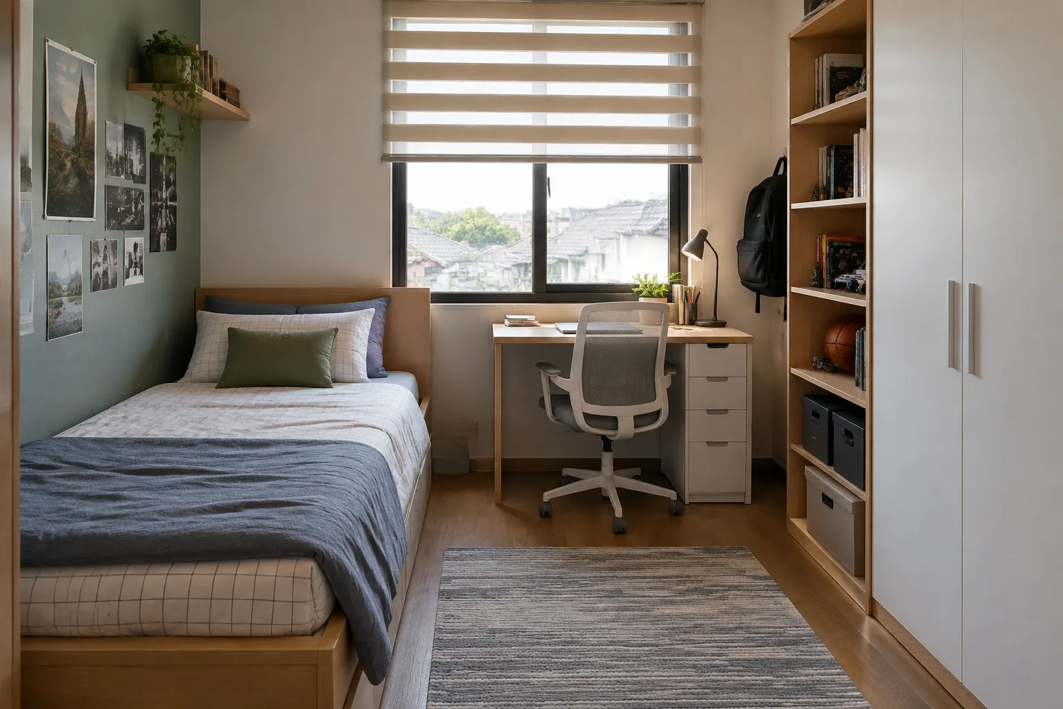 Tempat tidur, meja belajar dan lemari berada di kamar remaja