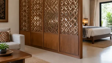 Partisi kayu bermotif ukir memisahkan ruang duduk dan kamar