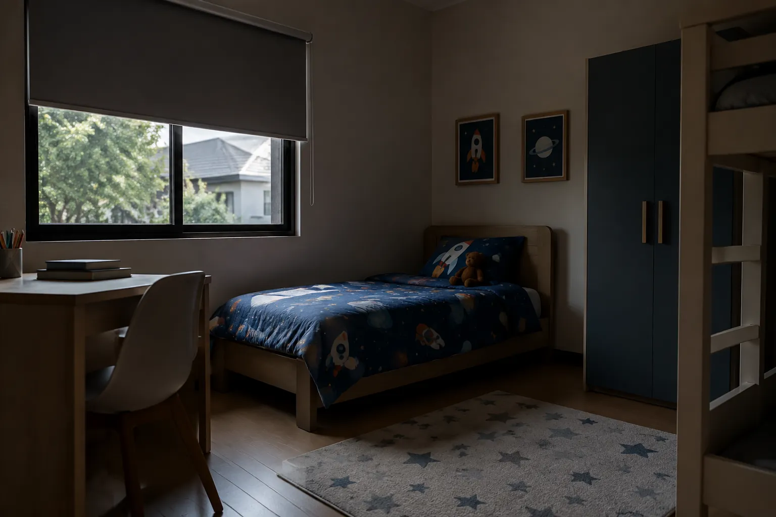 Kamar anak dengan jendela tertutup tirai gelap