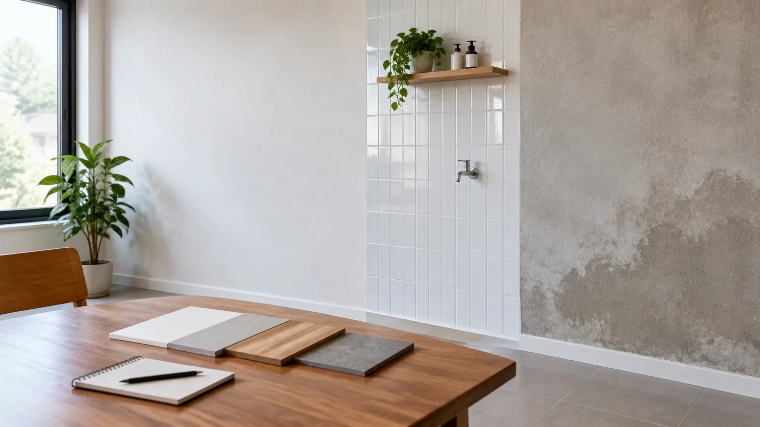 Sampel panel dan wallpaper pada meja di depan dinding rumah