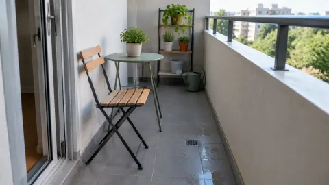 Balkon sempit dengan meja kecil dan tanaman pot