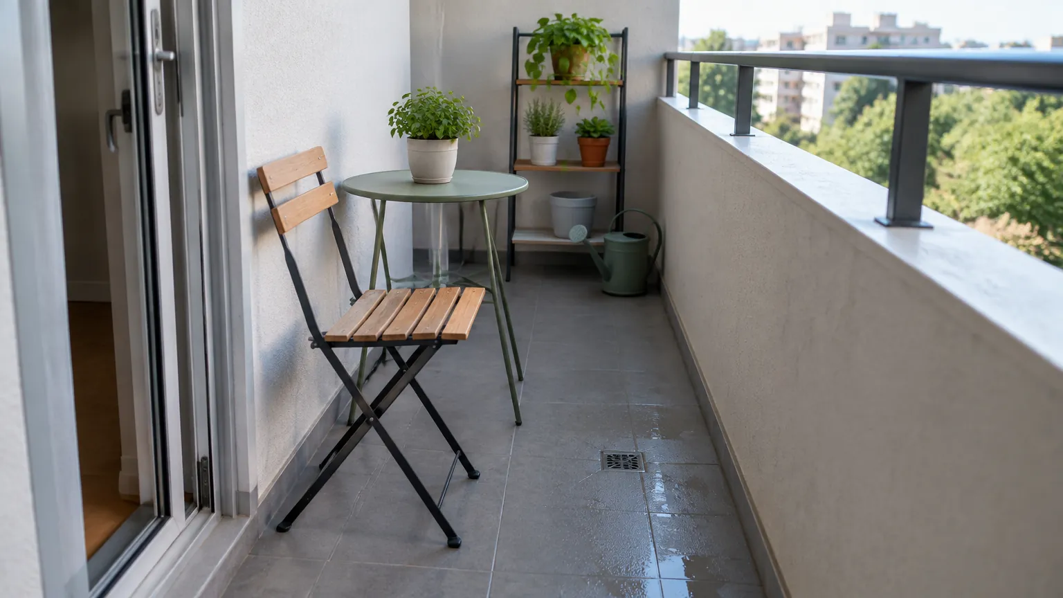 Balkon sempit dengan meja kecil dan tanaman pot
