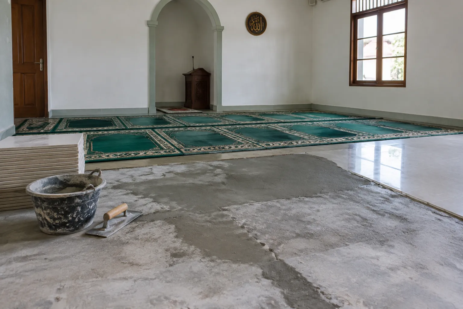 Lantai ruang salat sedang dibongkar di depan karpet yang masih terpasang
