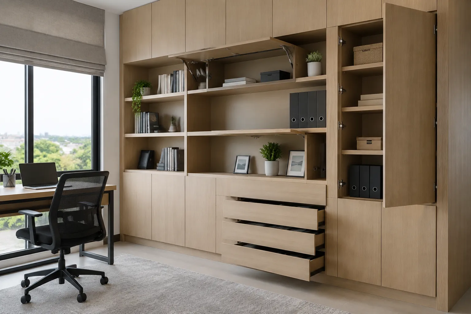 Rak built-in dengan kabinet dan laci di ruang kerja