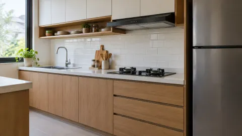 Kitchen set kayu dengan kompor, wastafel, dan kulkas