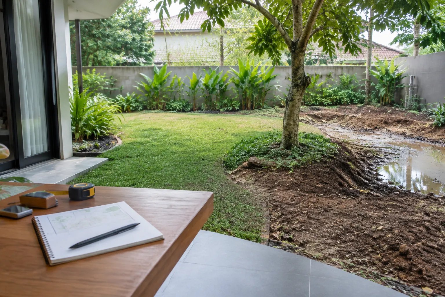 Halaman rumah dengan genangan dekat pohon dan gambar rencana