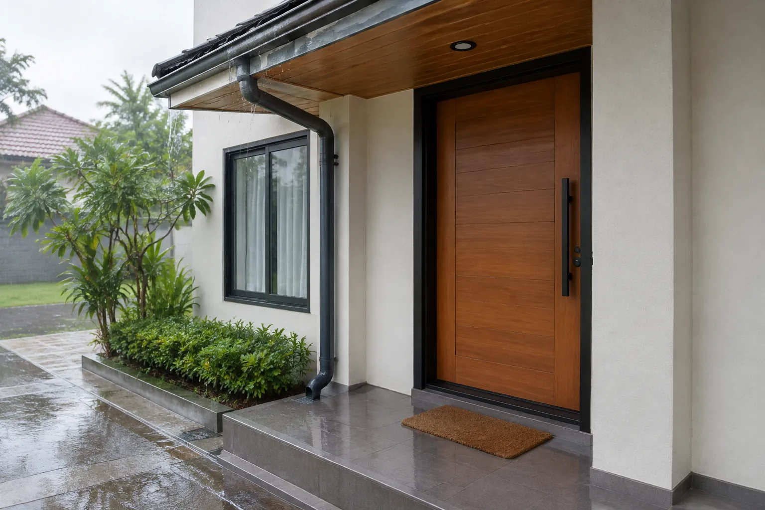 Pintu luar rumah berada di bawah kanopi dan dekat area terbuka